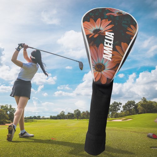 Personalized  Black Orange Floral Monogrammed Golf Head Cover