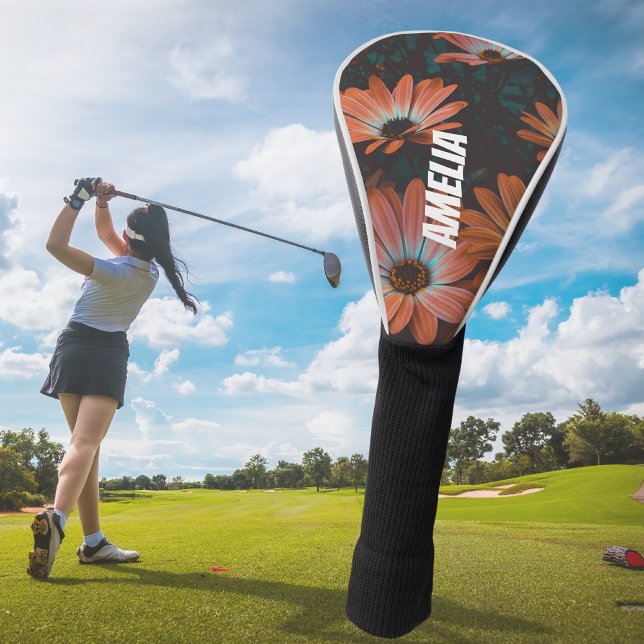 Personalized  Black Orange Floral Monogrammed Golf Head Cover (Creator Uploaded)
