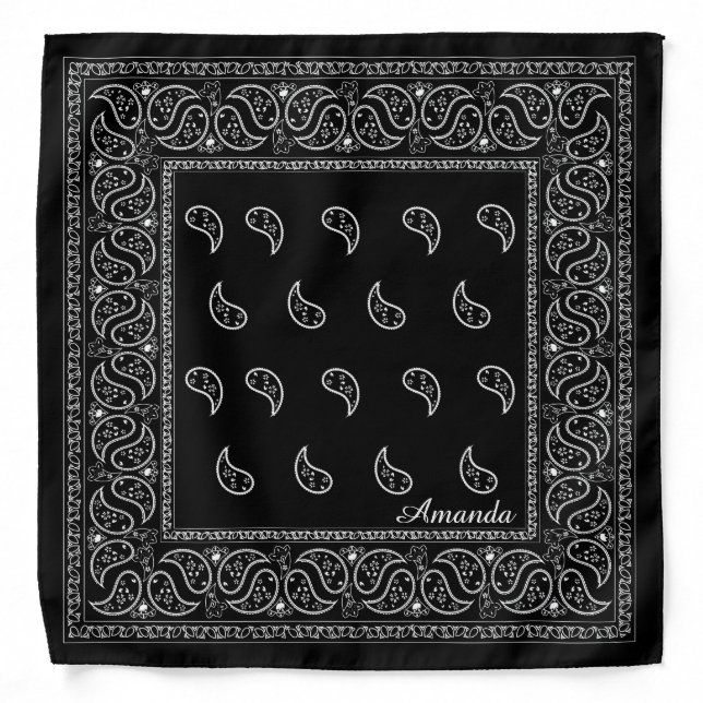 Personalized black paisley bandana, edit name bandana (Front)
