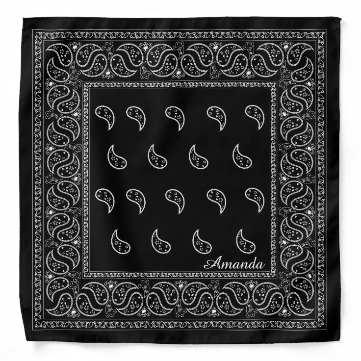 BLACK Bandana with WHITE square Paisley pattern ON BOTH SIDES 