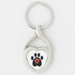 Personalized Black Pawprint Red Heart Keychain