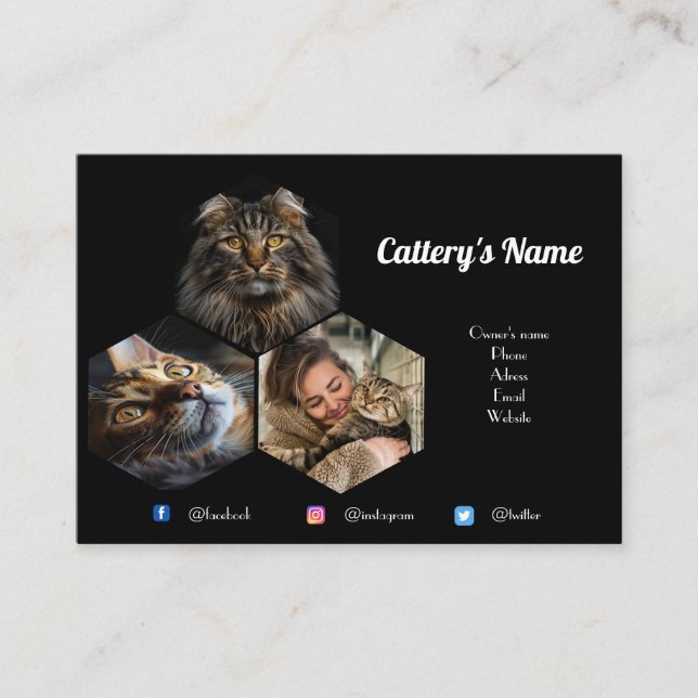Personalized Black Photo Collage Cattery  Business Card (Front)