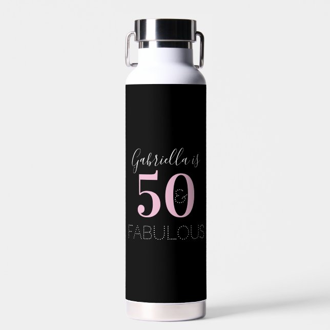 Personalized Black Pink 50th Birthday Party Favor Water Bottle (Front)