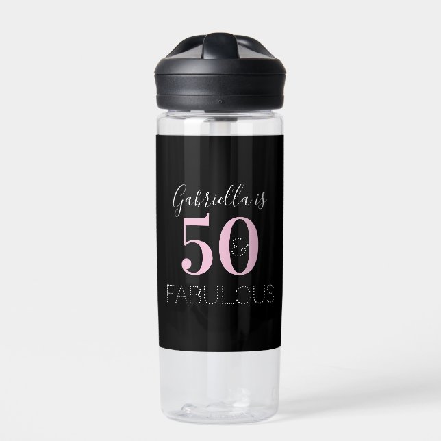 Personalized Black Pink 50th Birthday Party Favor Water Bottle (Front)