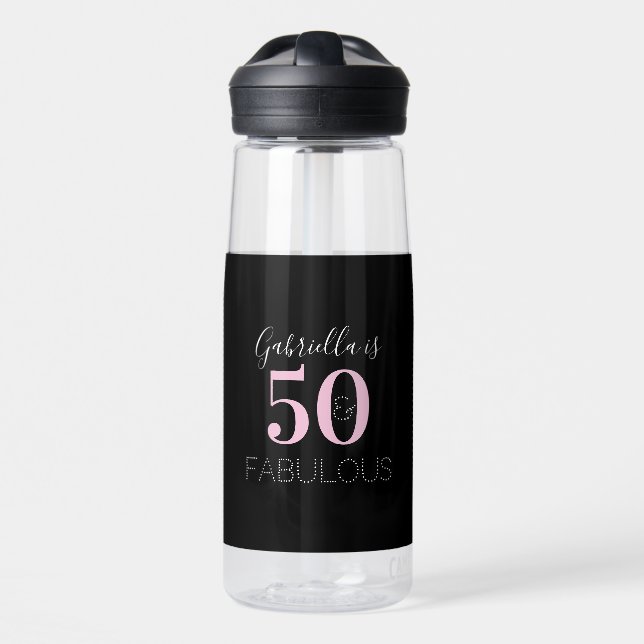Personalized Black Pink 50th Birthday Party Favor Water Bottle (Front)