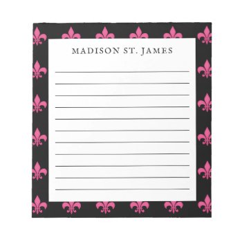 Personalized Black Pink Fleur De Lis Pattern Lined Notepad by DoodlesGiftShop at Zazzle