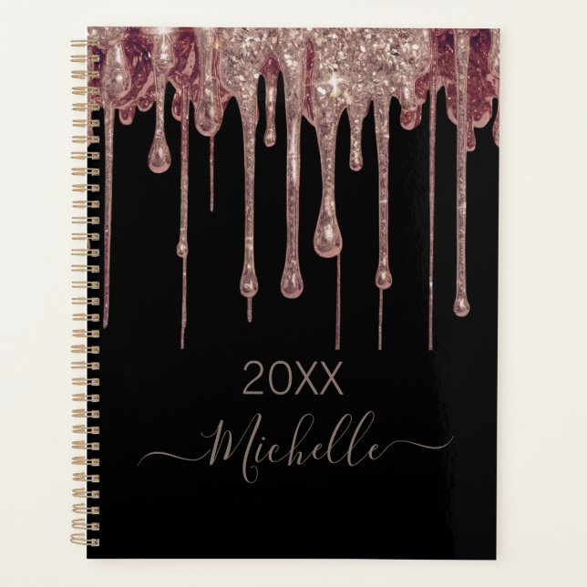 Personalized Black Pink Glitter Monogram Name 2025 Planner (Front)
