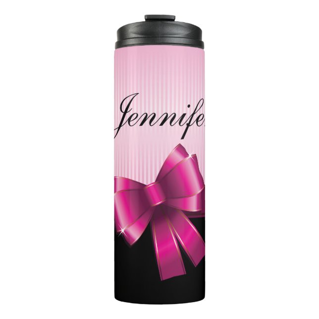 Personalized Black PINK GRADIENT Stripes PINK BOW Thermal Tumbler (Front)