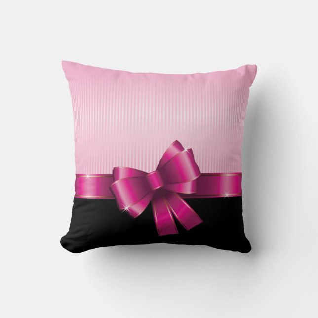 Personalized Black PINK GRADIENT Stripes PINK BOW Throw Pillow (Front)