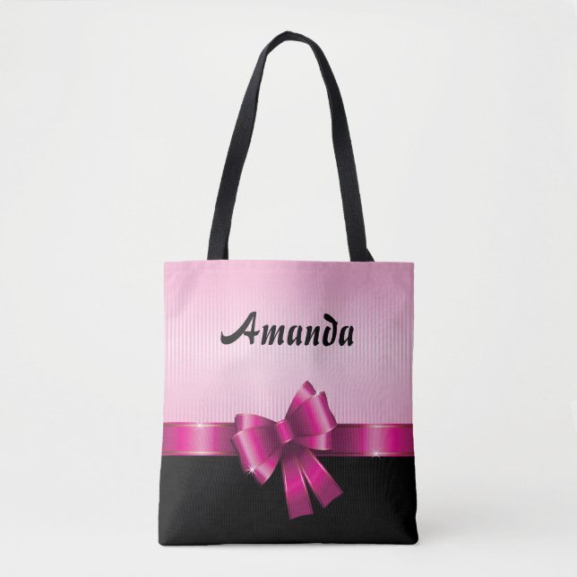 Personalized Black PINK GRADIENT Stripes PINK BOW Tote Bag (Front)