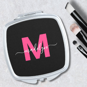 Personalized Black Pink Monogram Initial Name Compact Mirror