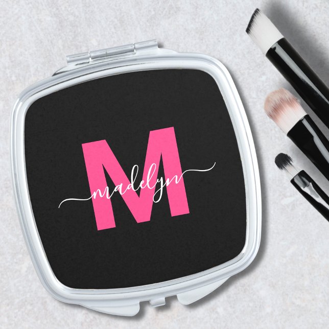 Personalized Black Pink Monogram Initial Name Compact Mirror (Personalized Black Pink Monogram Initial Name Compact Mirror)