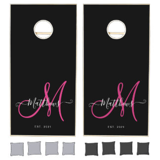 Personalized Black Pink Script Monogram Name Cornhole Set