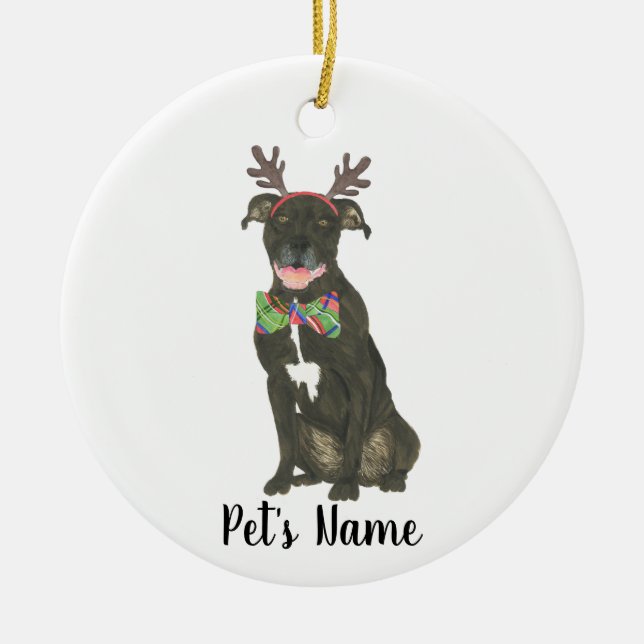 Personalized Black Pitbull Staffy Antlers Bowtie Ceramic Ornament (Front)
