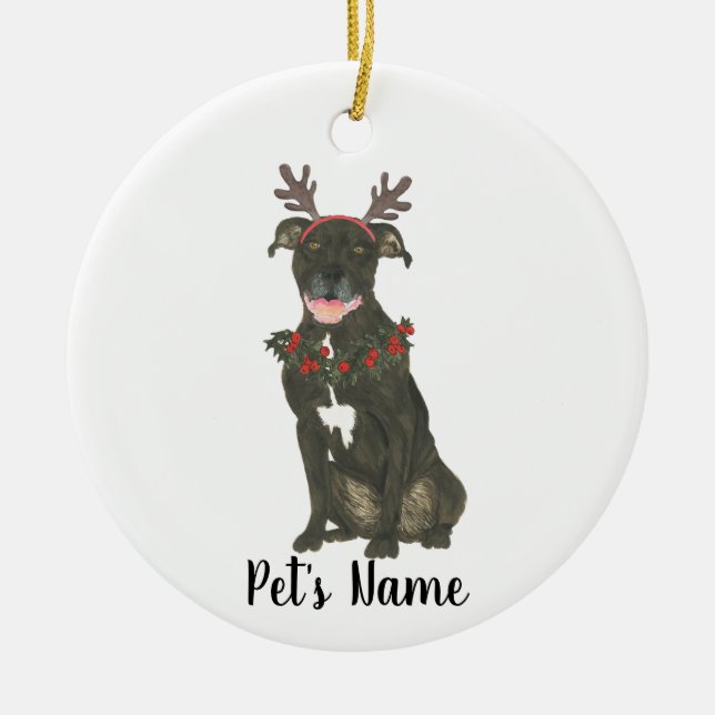 Personalized Black Pitbull Staffy Antlers Wreath Ceramic Ornament (Front)