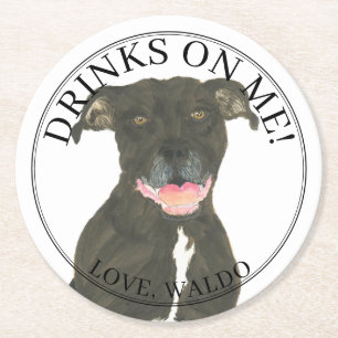 Personalized Black Pitbull Staffy Dog Wedding Round Paper Coaster