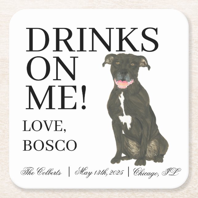 Personalized Black Pitbull Staffy Dog Wedding Square Paper Coaster (Front)