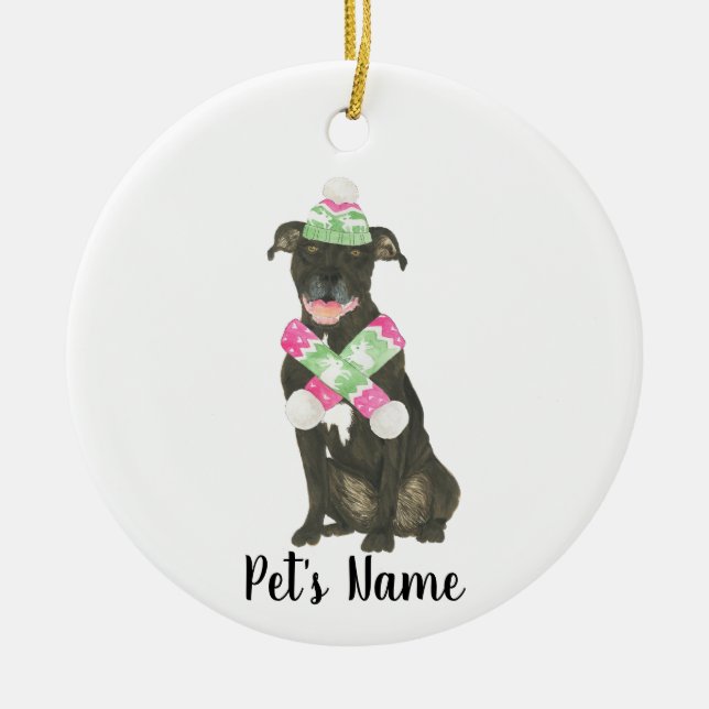 Personalized Black Pitbull Staffy Pink Green Hat Ceramic Ornament (Front)