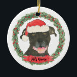 Personalized Black Pitbull Staffy Santa Christmas Ceramic Ornament<br><div class="desc">Make the nice list this year with a personalized Christmas ornament of your sweet black pitbull staffy! Love this happy little illustration of a smiling black pitbull in a santa hat, encircled by a red and green holly wreath. Perfect for Christmas, Hanukkah, housewarming, hostess, in-laws, or tough-to-shop-for occasions. For the...</div>