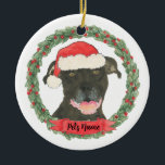 Personalized Black Pitbull Staffy Santa Christmas Ceramic Ornament<br><div class="desc">Make the nice list this year with a personalized Christmas ornament of your sweet black pitbull staffy! Love this happy little illustration of a smiling black pitbull in a santa hat, encircled by a red and green holly wreath. Perfect for Christmas, Hanukkah, housewarming, hostess, in-laws, or tough-to-shop-for occasions. For the...</div>