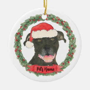 Personalized Black Pitbull Staffy Santa Christmas Ceramic Ornament