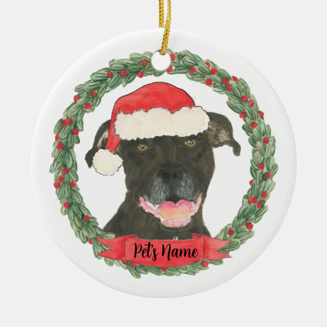 Personalized Black Pitbull Staffy Santa Christmas Ceramic Ornament (Front)
