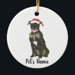 Personalized Black Pitbull Staffy Santa Hat Bowtie Ceramic Ornament<br><div class="desc">Make the nice list this year with an ornament of your favorite pitbull elf! For the sweetest gifts, pair it with a matching art print or another item from my collection for a thoughtful housewarming, bridal shower, teacher, mother-in-law, husband, boyfriend, secret santa, sympathy, or tough-to-shop-for gift! To see more work...</div>