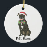 Personalized Black Pitbull Staffy Santa Hat Bowtie Ceramic Ornament<br><div class="desc">Make the nice list this year with an ornament of your favorite pitbull elf! For the sweetest gifts, pair it with a matching art print or another item from my collection for a thoughtful housewarming, bridal shower, teacher, mother-in-law, husband, boyfriend, secret santa, sympathy, or tough-to-shop-for gift! To see more work...</div>