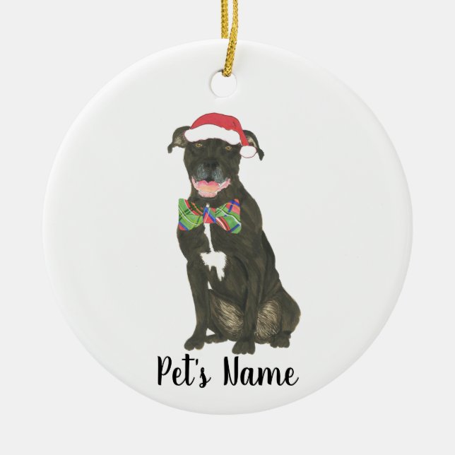 Personalized Black Pitbull Staffy Santa Hat Bowtie Ceramic Ornament (Front)