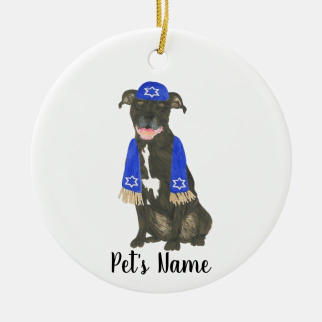 Personalized Black Pitbull Staffy Yarmulke Scarf Ceramic Ornament (Front)