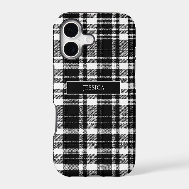 Personalized Black Plaid Pattern White Name Modern Iphone Case (Back)
