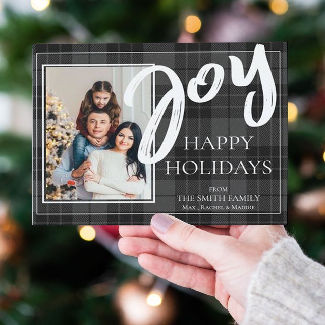 Personalized Black Plaid Tartan Photo Joy Happy Holiday Postcard (Creator Uploaded)