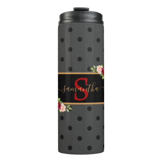 Personalized Black Polka Dot and Roses Monogrammed Thermal Tumbler (Front)