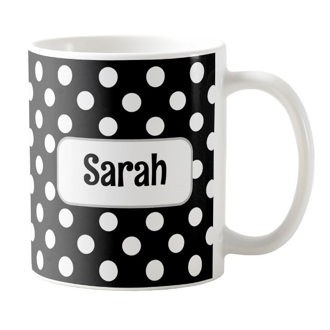 Personalized Black Polka Dot Mug (Personalized Black Polka Dot Mug at Amy's Coffee Mugs on Zazzle. )
