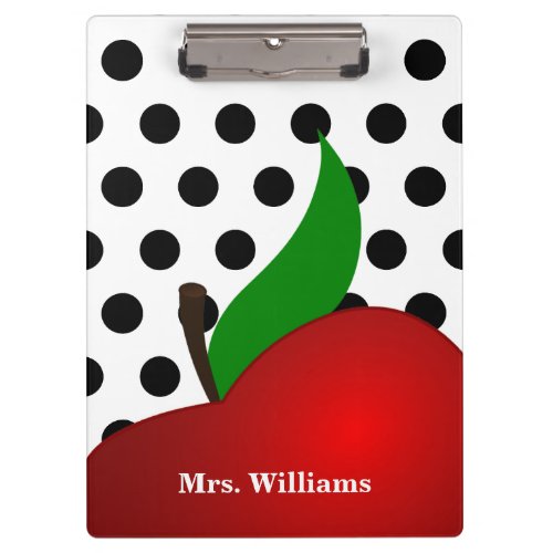 Personalized Black Polka Dot Red Apple Teacher Clipboard