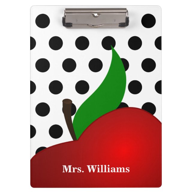 Personalized Black Polka Dot Red Apple Teacher Clipboard (Front)