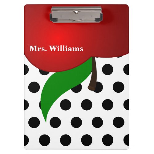 Personalized Black Polka Dot Red Apple Teacher Clipboard