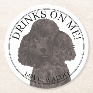 Personalized Black Poodle Dog Wedding Round Paper Coaster