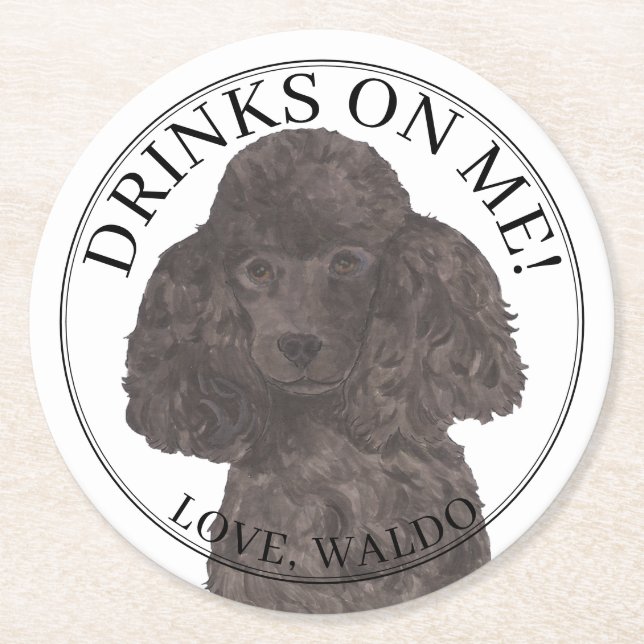 Personalized Black Poodle Dog Wedding Round Paper Coaster (Front)