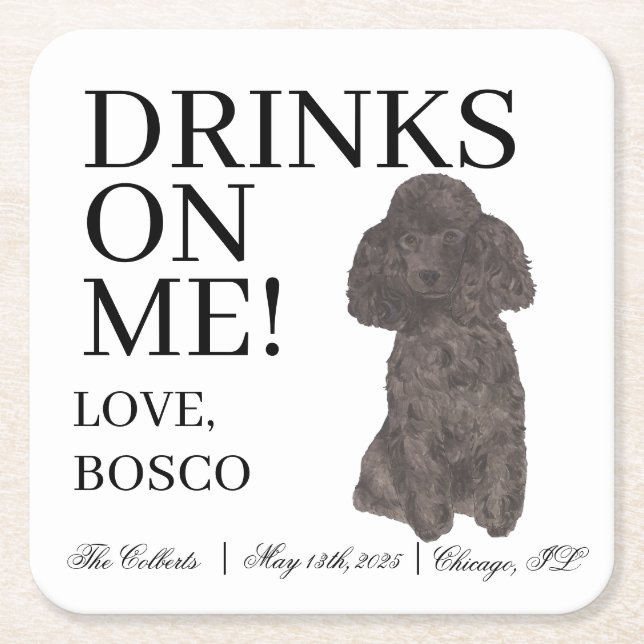 Personalized Black Poodle Dog Wedding Square Paper Coaster (Front)