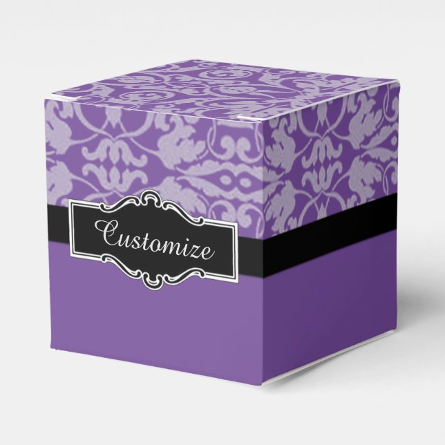 Personalized Black & Purple Damask Cube Favor Box (Front Side)