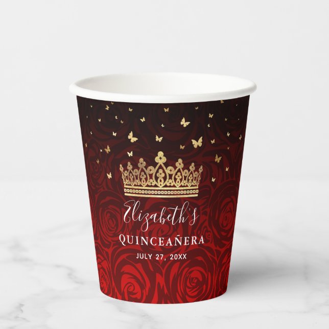 Personalized Black Red and Gold Birthday Party Paper Cups (Front)