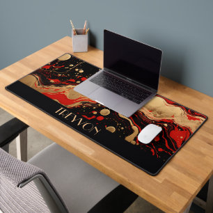 Personalized Black, Red, and Gold Pour Ink Desk Mat