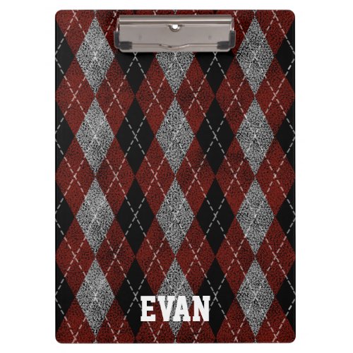 Personalized Black Red and White Argyle Clipboard