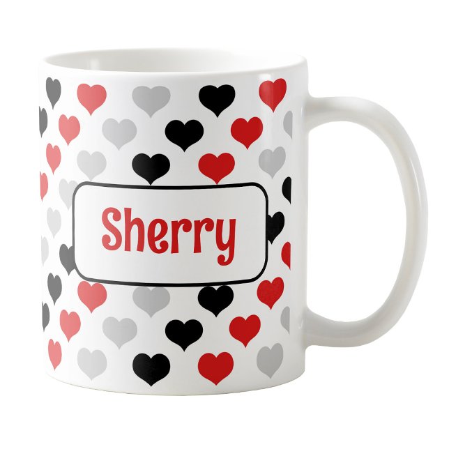 Personalized Black Red Hearts Mug (Personalized Black Red Hearts Mug at Amy's Coffee Mugs on Zazzle. )