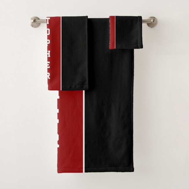 Personalized Black Red Stripe Bath Towel Set (Insitu)
