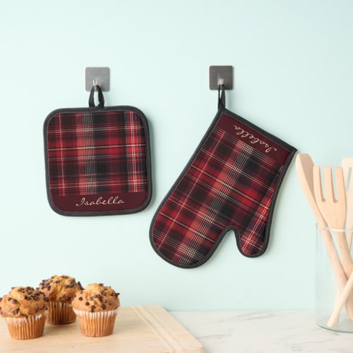 Personalized Black Red White Scottish Tartan  Oven Mitt  Pot Holder Set