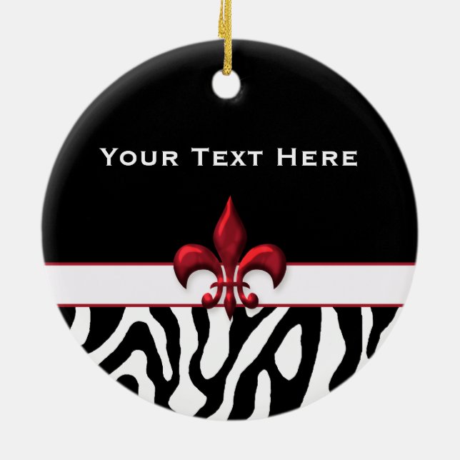 Personalized Black Red Zebra Fleur de Lis Ceramic Ornament (Back)