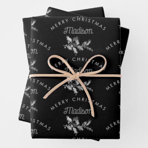 Personalized Black Retro Merry ChristmasMonogram Wrapping Paper Sheets