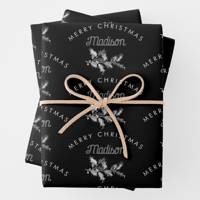 Personalized Black Retro Merry ChristmasMonogram Wrapping Paper Sheets (In situ)